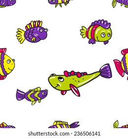 Funny doodle fantasy colorful aquarium fish vector seamless pattern on white background