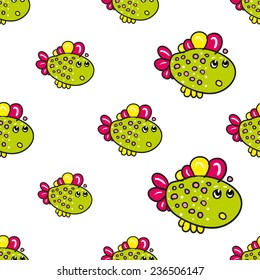 Funny doodle fantasy colorful aquarium fish vector seamless pattern on white background