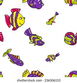 Funny doodle fantasy colorful aquarium fish vector seamless pattern on white background