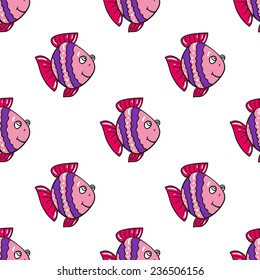 Funny doodle fantasy colorful aquarium fish vector seamless pattern on white background