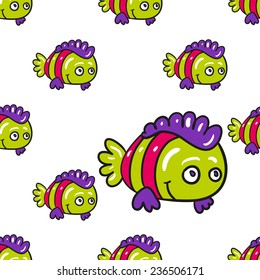 Funny doodle fantasy colorful aquarium fish vector seamless pattern on white background