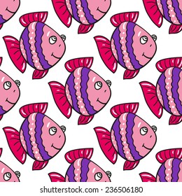 Funny doodle fantasy colorful aquarium fish vector seamless pattern on white background