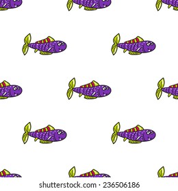 Funny doodle fantasy colorful aquarium fish vector seamless pattern on white background