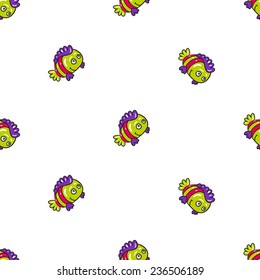 Funny doodle fantasy colorful aquarium fish vector seamless pattern on white background