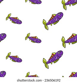 Funny doodle fantasy colorful aquarium fish vector seamless pattern on white background