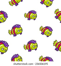 Funny doodle fantasy colorful aquarium fish vector seamless pattern on white background