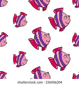 Funny doodle fantasy colorful aquarium fish vector seamless pattern on white background