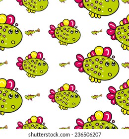 Funny doodle fantasy colorful aquarium fish vector seamless pattern on white background