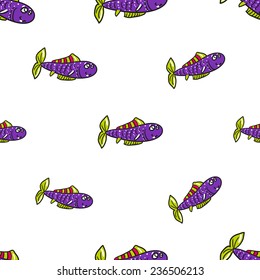 Funny doodle fantasy colorful aquarium fish vector seamless pattern on white background