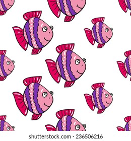 Funny doodle fantasy colorful aquarium fish vector seamless pattern on white background