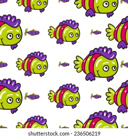 Funny doodle fantasy colorful aquarium fish vector seamless pattern on white background