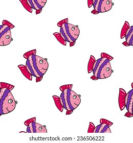 Funny doodle fantasy colorful aquarium fish vector seamless pattern on white background