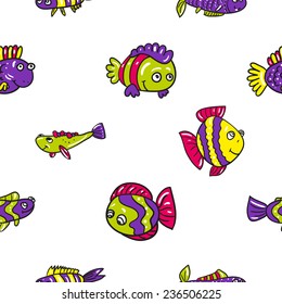 Funny doodle fantasy colorful aquarium fish vector seamless pattern on white background