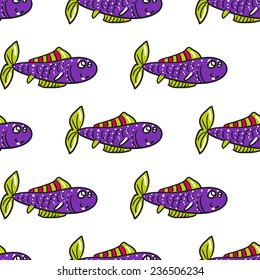 Funny doodle fantasy colorful aquarium fish vector seamless pattern on white background