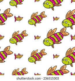 Funny doodle fantasy colorful aquarium fish vector seamless pattern on white background