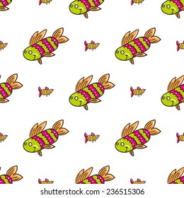 Funny doodle fantasy colorful aquarium fish vector seamless pattern on white background