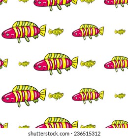 Funny doodle fantasy colorful aquarium fish vector seamless pattern on white background