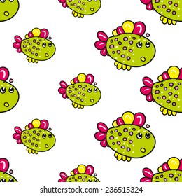 Funny doodle fantasy colorful aquarium fish vector seamless pattern on white background