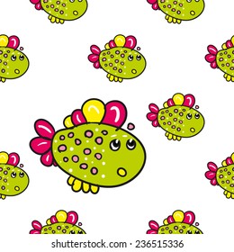 Funny doodle fantasy colorful aquarium fish vector seamless pattern on white background