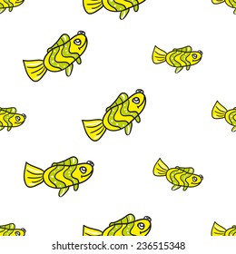 Funny doodle fantasy colorful aquarium fish vector seamless pattern on white background