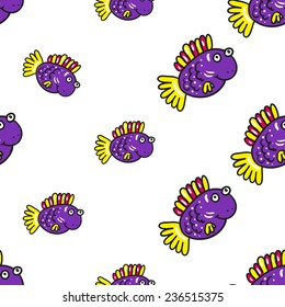 Funny doodle fantasy colorful aquarium fish vector seamless pattern on white background