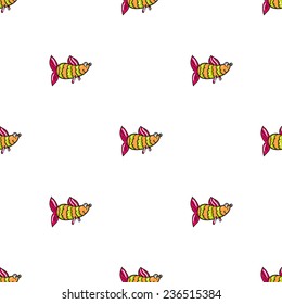 Funny doodle fantasy colorful aquarium fish vector seamless pattern on white background