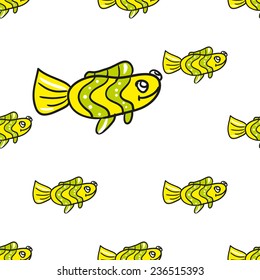 Funny doodle fantasy colorful aquarium fish vector seamless pattern on white background