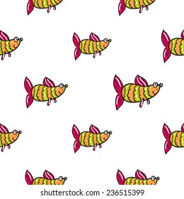 Funny doodle fantasy colorful aquarium fish vector seamless pattern on white background