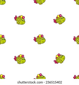 Funny doodle fantasy colorful aquarium fish vector seamless pattern on white background