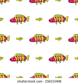 Funny doodle fantasy colorful aquarium fish vector seamless pattern on white background