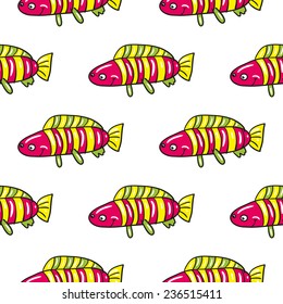 Funny doodle fantasy colorful aquarium fish vector seamless pattern on white background