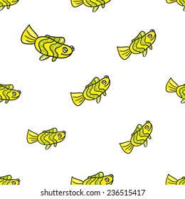 Funny doodle fantasy colorful aquarium fish vector seamless pattern on white background