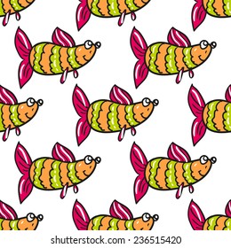 Funny doodle fantasy colorful aquarium fish vector seamless pattern on white background