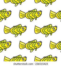 Funny doodle fantasy colorful aquarium fish vector seamless pattern on white background