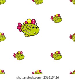 Funny doodle fantasy colorful aquarium fish vector seamless pattern on white background