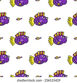 Funny doodle fantasy colorful aquarium fish vector seamless pattern on white background