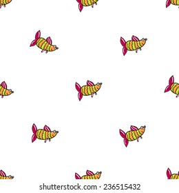 Funny doodle fantasy colorful aquarium fish vector seamless pattern on white background