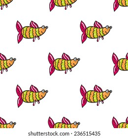 Funny doodle fantasy colorful aquarium fish vector seamless pattern on white background