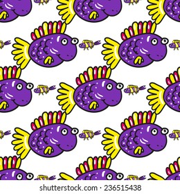 Funny doodle fantasy colorful aquarium fish vector seamless pattern on white background