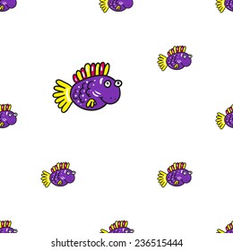 Funny doodle fantasy colorful aquarium fish vector seamless pattern on white background