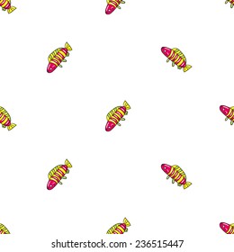 Funny doodle fantasy colorful aquarium fish vector seamless pattern on white background