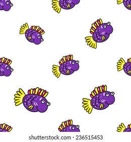 Funny doodle fantasy colorful aquarium fish vector seamless pattern on white background