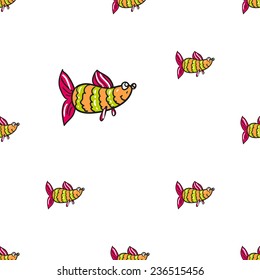 Funny doodle fantasy colorful aquarium fish vector seamless pattern on white background