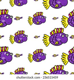 Funny doodle fantasy colorful aquarium fish vector seamless pattern on white background