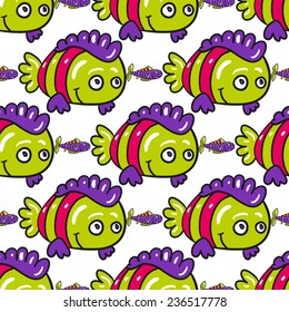 Funny doodle fantasy colorful aquarium fish vector seamless pattern on white background