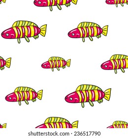 Funny doodle fantasy colorful aquarium fish vector seamless pattern on white background