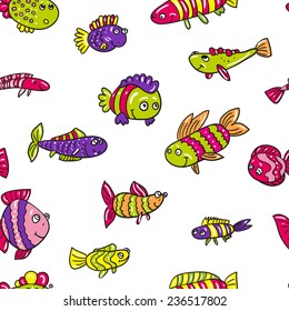 Funny doodle fantasy colorful aquarium fish vector seamless pattern on white background