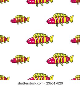 Funny doodle fantasy colorful aquarium fish vector seamless pattern on white background