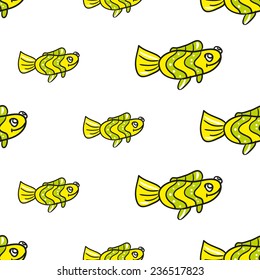 Funny doodle fantasy colorful aquarium fish vector seamless pattern on white background