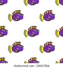 Funny doodle fantasy colorful aquarium fish vector seamless pattern on white background